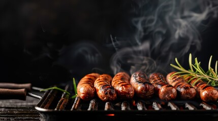 Grilled Sausages on a Barbecue Grill with Smoke and Fresh Rosemary on a Dark Background