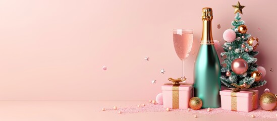 Wall Mural - Champagne bottle presents and a toy tree on a pastel pink background Celebrating New Year Christmas and happy birthday Festive flat lay. Copy space image. Place for adding text and design