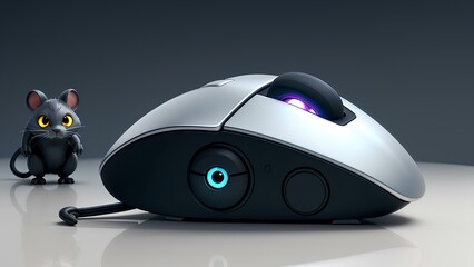A sleek, silver mouse perched on a futuristic keyboard, its glowing eyes fixed on the screen as it navigates through lines of code with lightning speed.