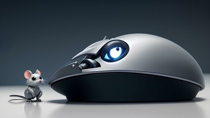 A sleek, silver mouse perched on a futuristic keyboard, its glowing eyes fixed on the screen as it navigates through lines of code with lightning speed.