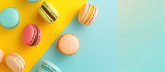 Sticker - Top view of vibrant macarons or macaroons on a yellow and light blue background. Copy space image. Place for adding text and design