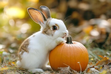 Wall Mural - A small, white and brown rabbit with big ears sits beside an orange pumpkin in a field of autumn leaves.