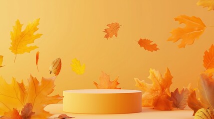 Poster - autumn leaves scattered around a yellow display platform against a warm orange background in a cozy 