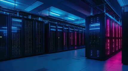 Poster - Darkened room filled with rows of operational server racks under neon blue and pink lights. Modern data center infrastructure for cloud computing and artificial intelligence.