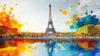 © miss irine - Sunny autumn day in Paris with Eiffel Tower reflected in the river Seine. Colourful artistic splashes surround the iconic landmark amidst a bright and cheerful cityscape.