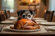 © purrfiction - Adorable dog looking at a roasted turkey on a dining table with anticipation
