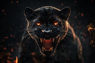  Black panther aggressively roaring. A powerful black cougar aggressively lunging forward, surrounded by sparks and flames, set against a dark, moody background