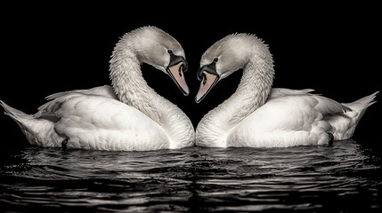   Swans on water, two graceful birds with intertwined beaks