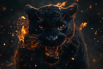 Black panther aggressively roaring. A powerful black cougar aggressively lunging forward, surrounded by sparks and flames, set against a dark, moody background