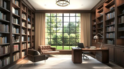 Poster - This stylish home office features built-in bookshelves with comfortable seating, and inspiring views to create a peaceful working space