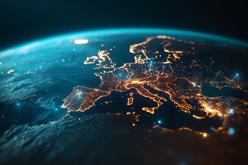 Aufkleber - Globe surrounded by neural neon nexus lines and nodes. Creative concept of technological progress, World Wide Web banner. Stock illustration of 3d render.
