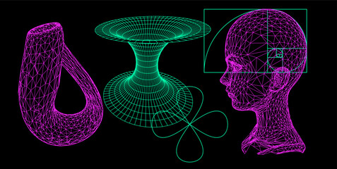 Aufkleber - Collage of 3d heads made of mesh and wormholes on dark background. Illustration in techno futuristic style.