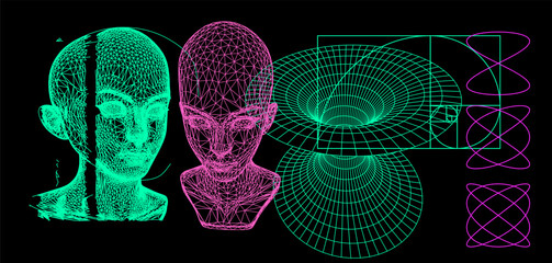 Wall Mural - Collage of 3d heads made of mesh and tunnels on dark background. Illustration in techno futuristic style.