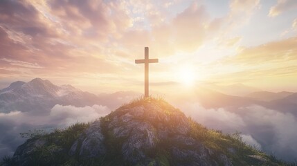 Wall Mural - Apocalyptic concept of the holy cross symbolizing Jesus' death and resurrection with light and clouds shrouding Golgotha Hill.