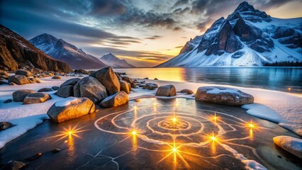 Ancient, mysterious runes etched into the lake's rocky shores, glowing with an otherworldly light in the dead of winter.