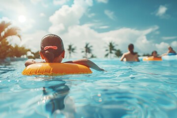 A child enjoys a relaxing swim in a bright blue pool surrounded by palm trees on a sunny afternoon