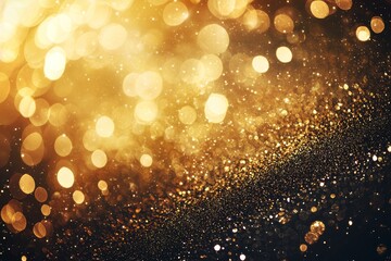 Wall Mural - Luxury gold background with gold particle. Glitter vintage lights background on dark background. Christmas golden light shine particles bokeh on dark background. Gold foil texture. Holiday concept.