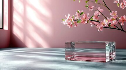   A table holds two vases, each adorned with pink flowers