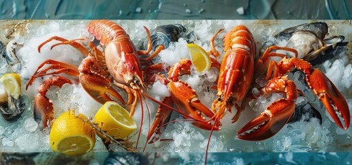 Wall Mural - Fresh Lobster and Mussels on Ice