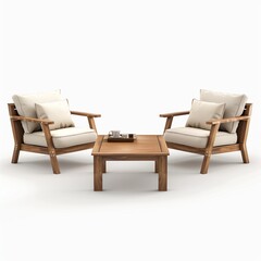 A realistic photograph of a garden furniture set made of teak wood, including two armchairs and a coffee table