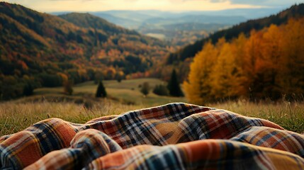 Wall Mural - A cozy blanket laid on grass, overlooking a vibrant autumn landscape.