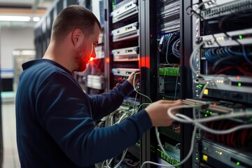 Aufkleber - Network engineer works in a datacenter server room with multiple servers connected by cables and wires. Man in business attire handles computer systems, phone lines, and network hardware.
