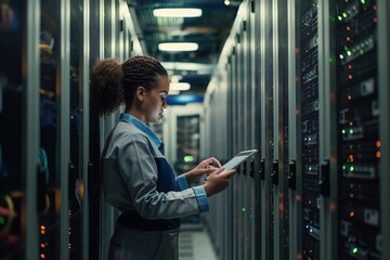 Aufkleber - Female tech professional works on a tablet in a data center filled with rack servers running diagnostics and maintenance. Technician checks system status on device screen.