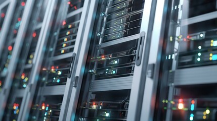 Fototapete - Seamless animation of camera moving through data center with rows of server equipment in a large room. Close-up view of computer hardware and network devices in a cloud computing environment.