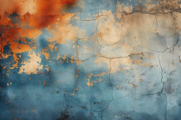 Poster - Distressed wall surface shows weathered texture. Aged rustic color palette features orange and blue hues. Peeling paint, chipped metal, worn surface create a grunge aesthetic.