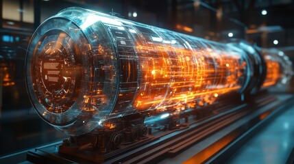 Poster - A holographic display showcases the evolution of advanced technology and energy systems, highlighting dynamic designs and glowing elements.