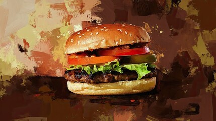 Vibrant Burger with Fresh Ingredients on Artistic Background