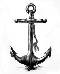 A black and white illustration of an anchor symbolizes stability, security and maritime heritage. The isolated anchor design is a graphic idea for tattoos, doodles or artwork.