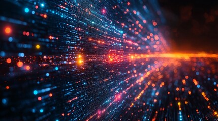 Poster - A vivid holographic display showcases flowing data with colorful streams of light, illuminating a futuristic environment filled with technology.