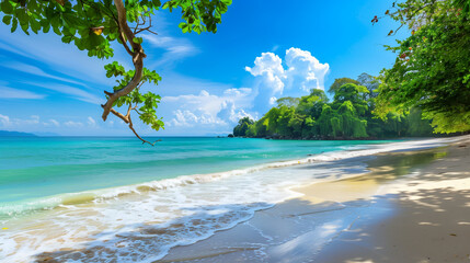 Wall Mural - A beautiful beach with a tree in the background. The sky is clear and the sun is shining brightly