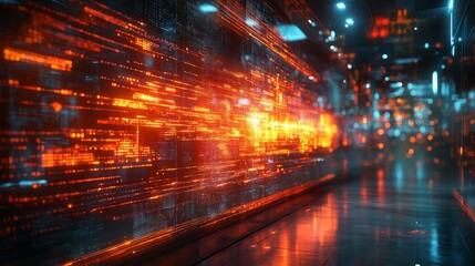 Poster - A detailed holographic display vividly illustrates data flow along a corridor, creating an immersive and dynamic environment at night.