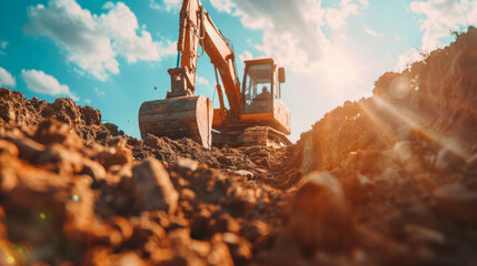 an excavator works on a construction site amidst earth piles, under a clear blue sky with white clou