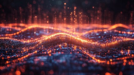 Poster - A holographic display visualizes the flow of data with glowing waves and sparkling particles, creating a mesmerizing digital landscape.