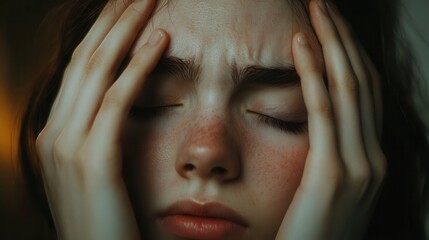 Aufkleber - A young individual is sitting with closed eyes and hands on their head, conveying feelings of stress and anxiety in a softly lit space. Generative AI