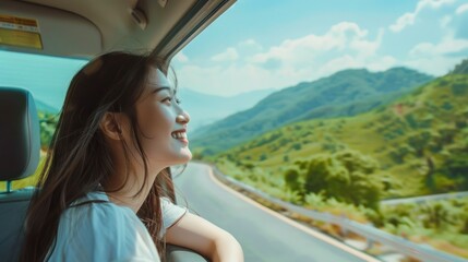 Asian woman on road, enjoying window view of nature and traveling holiday road trip. 