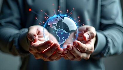 Poster - Man Holding Data Sphere with Colorful AI Neural Connections - Close-Up Against Gray Background