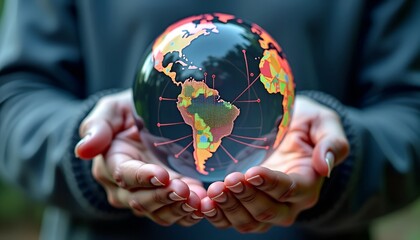 Poster - Man Holding Data Sphere with Colorful AI Neural Connections - Close-Up Against Gray Background