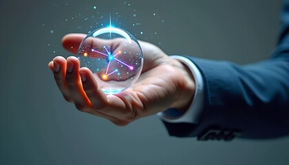 Poster - Man Holding Data Sphere with Colorful AI Neural Connections - Close-Up Against Gray Background