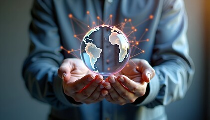 Poster - Man Holding Data Sphere with Colorful AI Neural Connections - Close-Up Against Gray Background