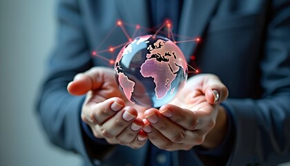 Poster - Man Holding Data Sphere with Colorful AI Neural Connections - Close-Up Against Gray Background