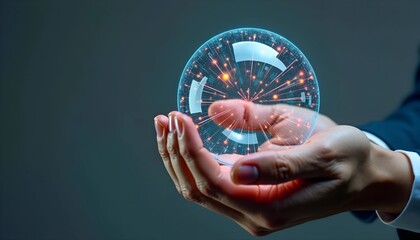 Poster - Man Holding Data Sphere with Colorful AI Neural Connections - Close-Up Against Gray Background