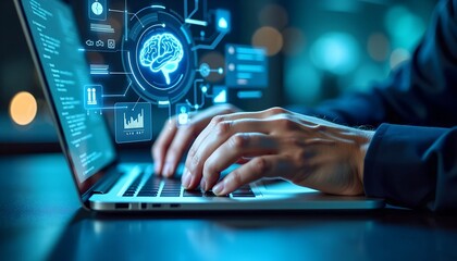 Poster - AI Technology in Data Analysis - Businessman Using Machine Learning and Digital Brain for Business Intelligence