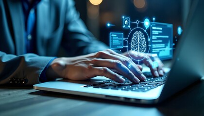 Poster - AI Technology in Data Analysis - Businessman Using Machine Learning and Digital Brain for Business Intelligence
