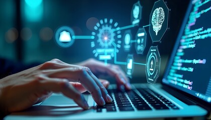 Poster - AI Technology in Data Analysis - Businessman Using Machine Learning and Digital Brain for Business Intelligence