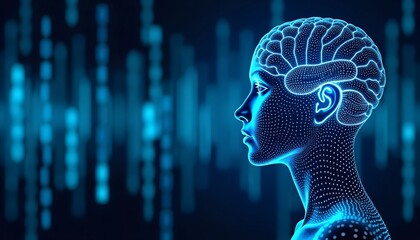 Poster - Artificial Intelligence and IoT - Blue Digital Background with Binary Code, Circuit Board, and Head Silhouette