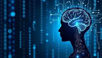 Poster - Artificial Intelligence and IoT - Blue Digital Background with Binary Code, Circuit Board, and Head Silhouette
